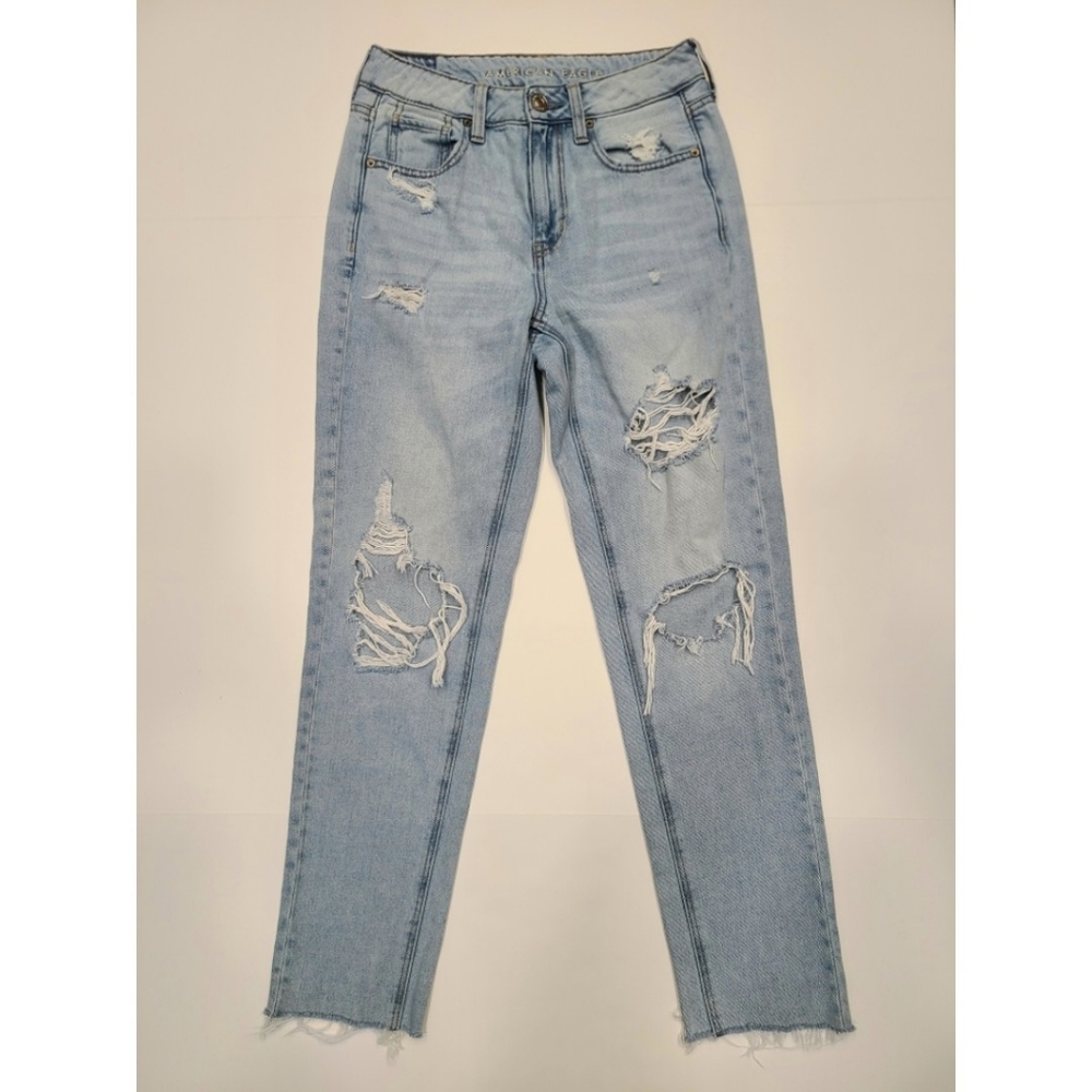 American Eagle Hi-Rise Tomgirl Distressed Light Wash Straight Leg Jeans 2 - Picture 2 of 16